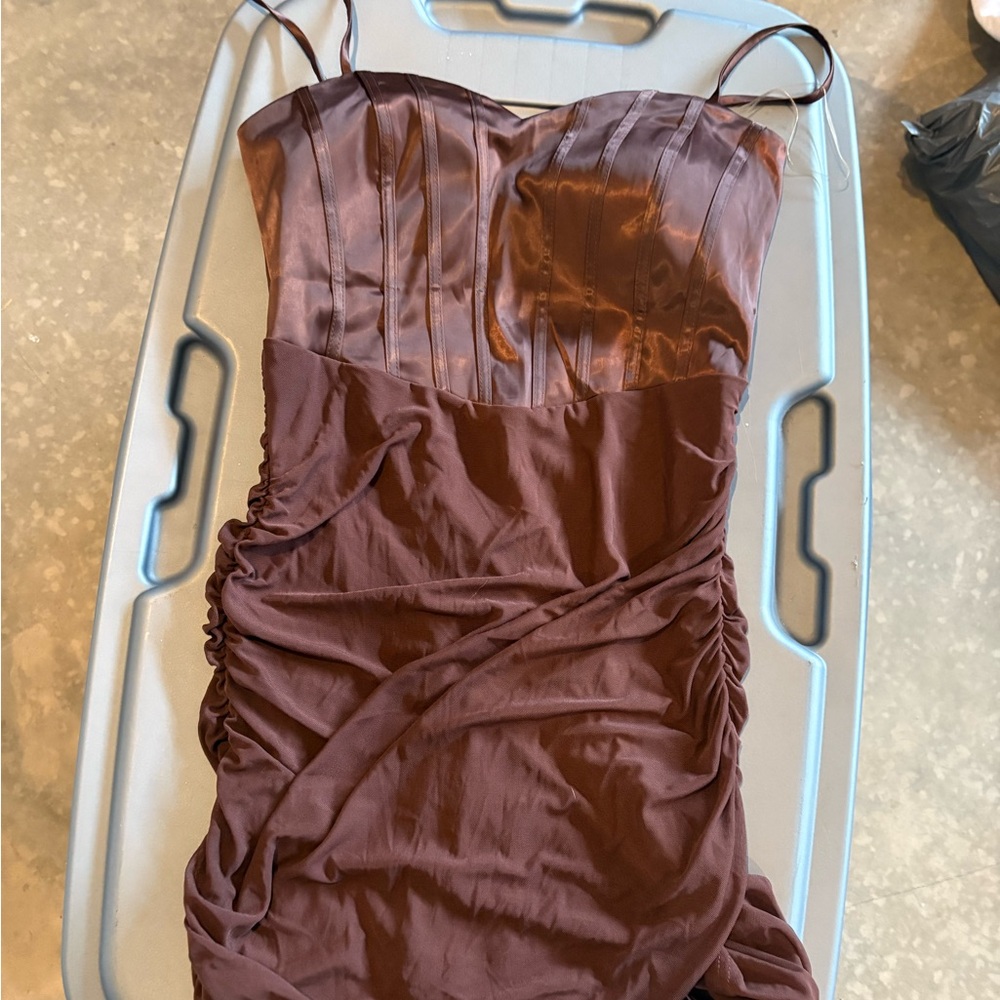 Windsor Strapless Satin Ruched Dress in Chocolate Brown